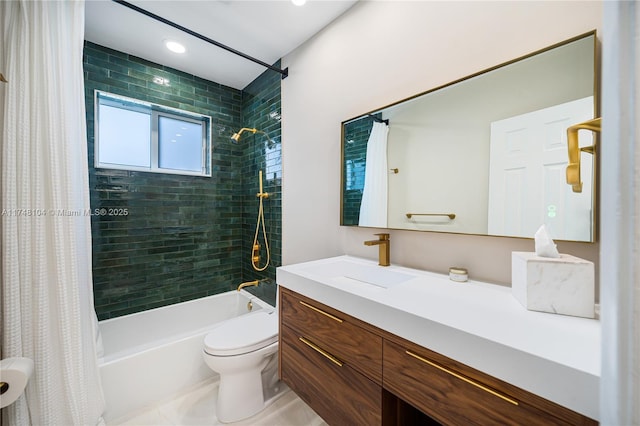 bathroom with recessed lighting, vanity, toilet, and shower / bath combination with curtain