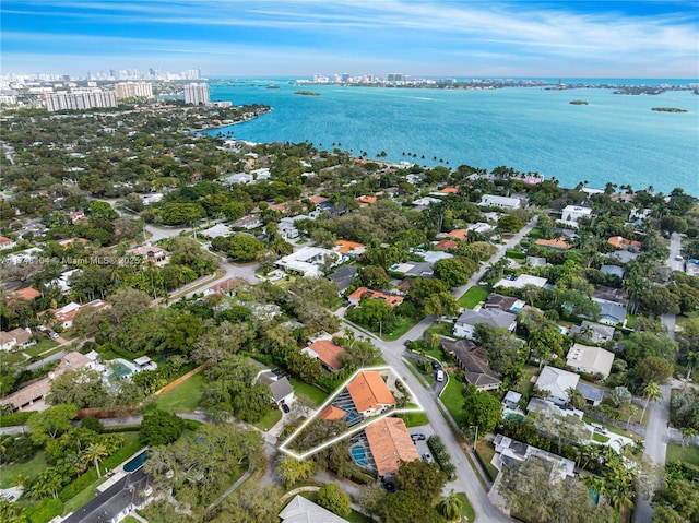 aerial view featuring a water view and a city view
