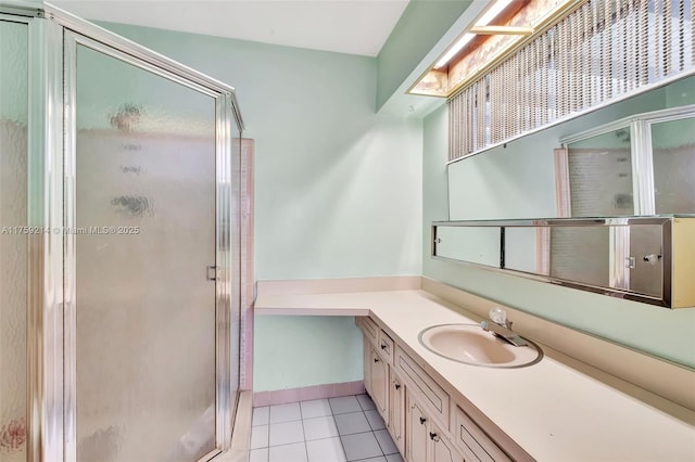 bathroom with tile patterned floors, a stall shower, and vanity