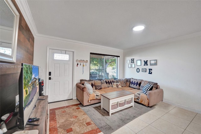 living room with tile patterned flooring, baseboards, and ornamental molding