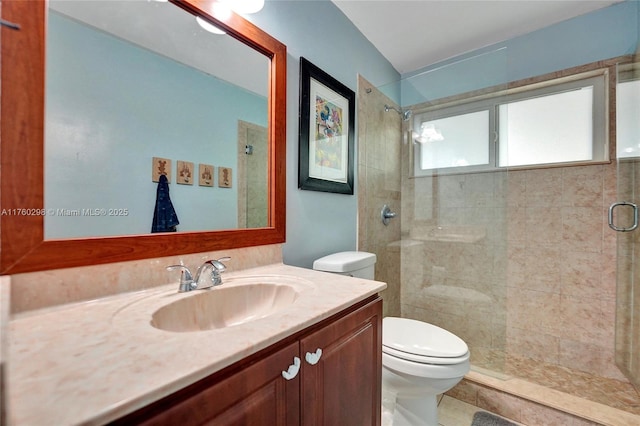 bathroom with vanity, toilet, and a shower stall