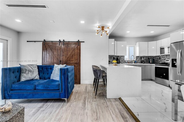 231 NW 44th St, Miami, FL 33127 - kitchen with appliances with stainless steel finishes, modern cabinets, a barn door, a peninsula, and white cabinets