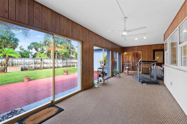 exercise area with wood walls, ceiling fan, and carpet floors