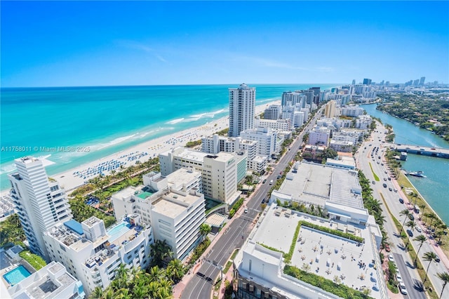 bird's eye view with a water view and a view of city