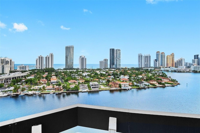 view of water feature with a city view