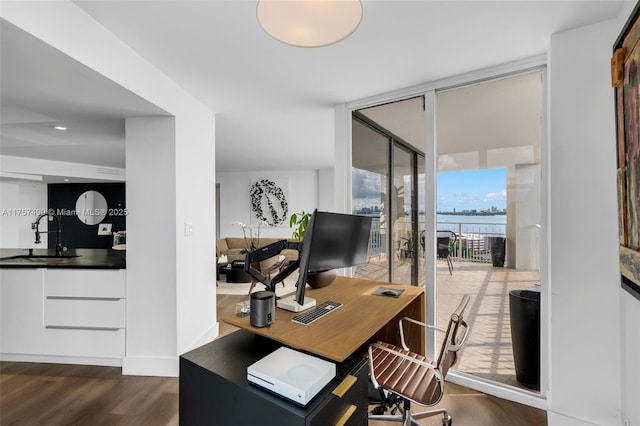 1000 Quayside Ter Unit 1812, Miami, FL 33138 - office featuring dark wood finished floors, floor to ceiling windows, and a sink