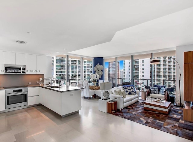 kitchen with visible vents, a sink, appliances with stainless steel finishes, white cabinetry, and modern cabinets