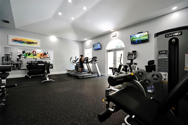 gym with recessed lighting, french doors, visible vents, and baseboards