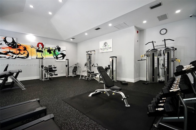 exercise room featuring visible vents, recessed lighting, baseboards, and lofted ceiling