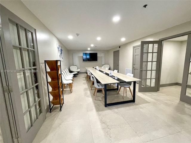 dining room featuring recessed lighting, french doors, and baseboards