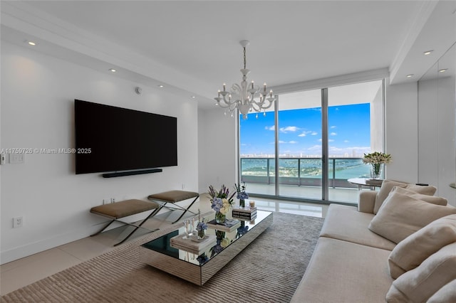 living room with tile patterned flooring, baseboards, floor to ceiling windows, recessed lighting, and an inviting chandelier