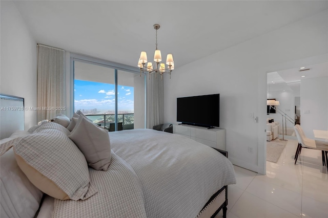 bedroom featuring floor to ceiling windows, access to outside, light tile patterned flooring, and a chandelier