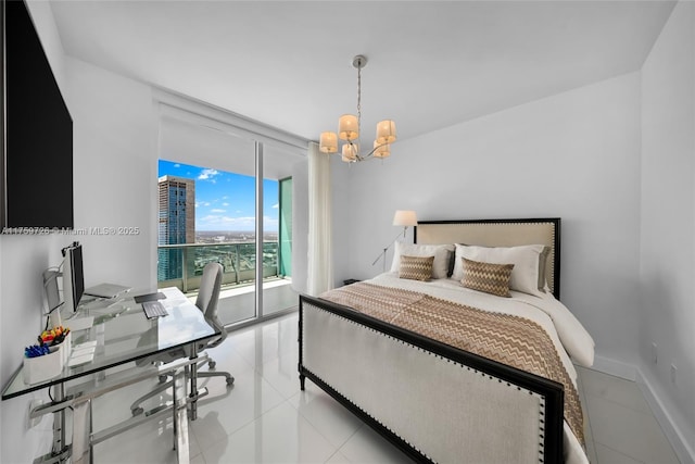 bedroom featuring access to exterior, baseboards, a chandelier, expansive windows, and light tile patterned floors