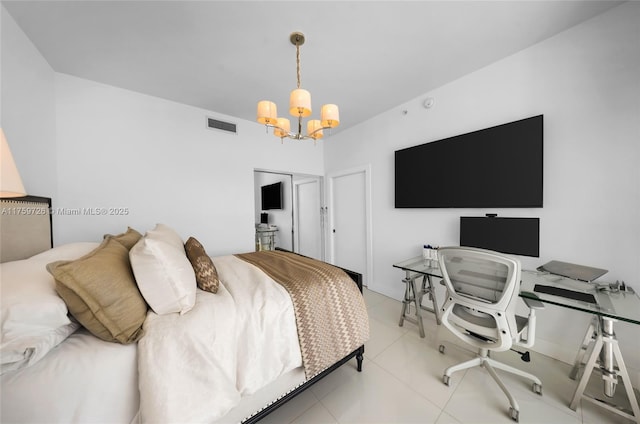 bedroom with visible vents, a notable chandelier, and light tile patterned flooring