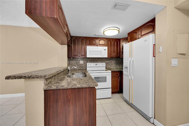 kitchen with light tile patterned floors, decorative backsplash, a peninsula, white appliances, and a sink