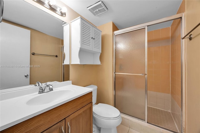 bathroom with visible vents, vanity, toilet, and a shower stall