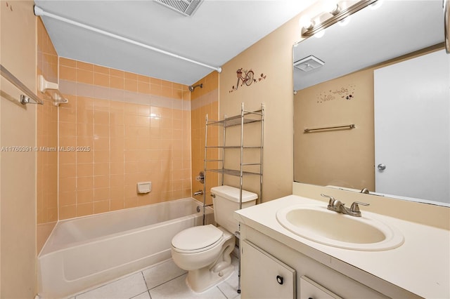 full bath featuring vanity, visible vents, tile patterned flooring, toilet, and shower / bathtub combination