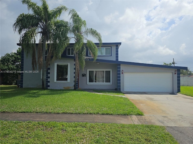 view of front of house featuring stucco siding, an attached garage, concrete driveway, and a front lawn