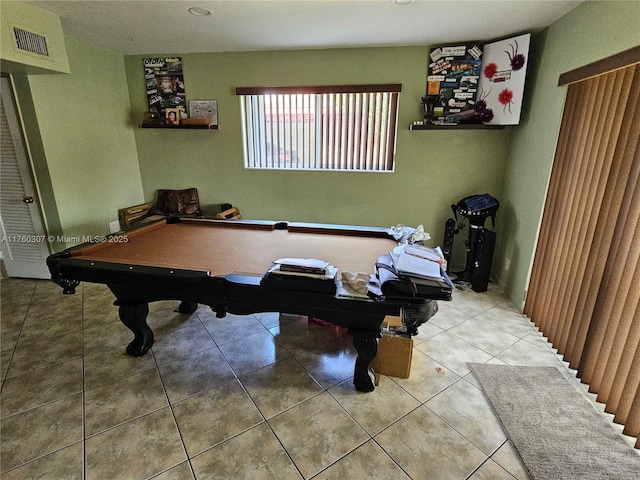 rec room with tile patterned floors, visible vents, and pool table