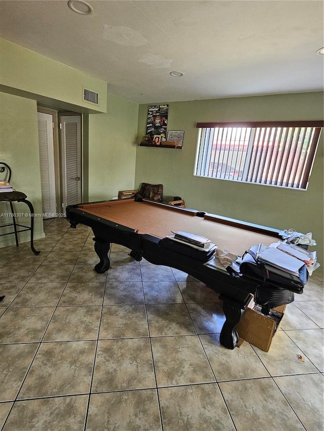 recreation room with tile patterned floors, visible vents, and recessed lighting