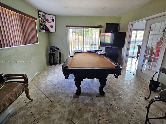 game room featuring tile patterned flooring, pool table, and french doors