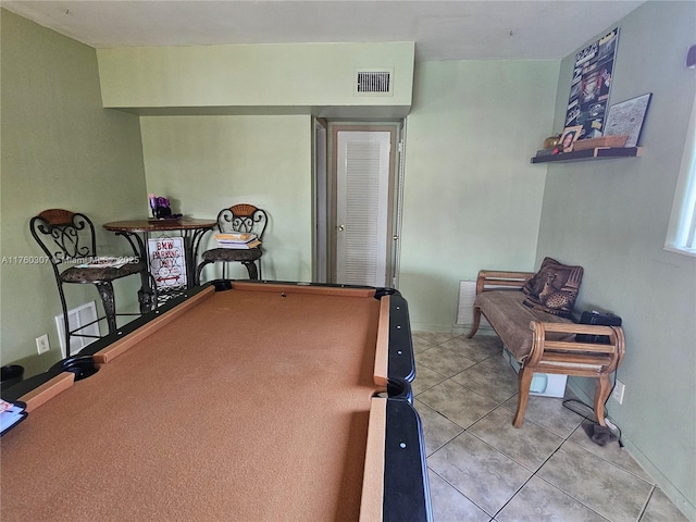 game room featuring pool table, tile patterned floors, baseboards, and visible vents