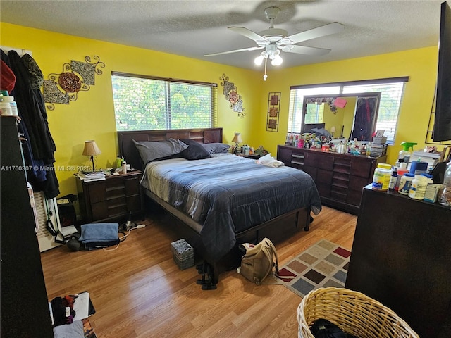 bedroom with a ceiling fan, wood finished floors, and a textured ceiling