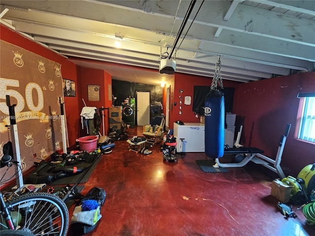 workout room featuring a garage