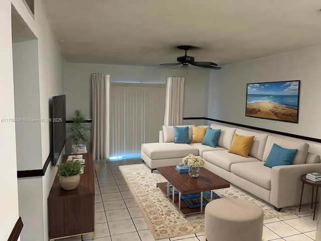 living room featuring light tile patterned floors and ceiling fan