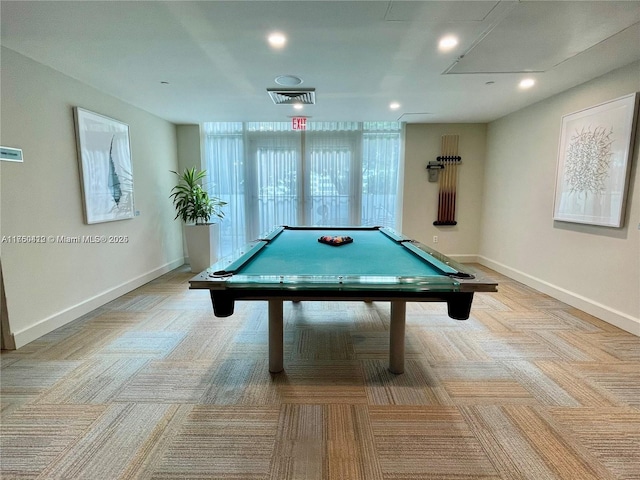 rec room with visible vents, baseboards, light colored carpet, and pool table