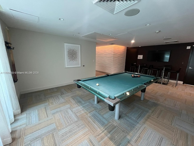 game room featuring visible vents, carpet flooring, a dry bar, and billiards