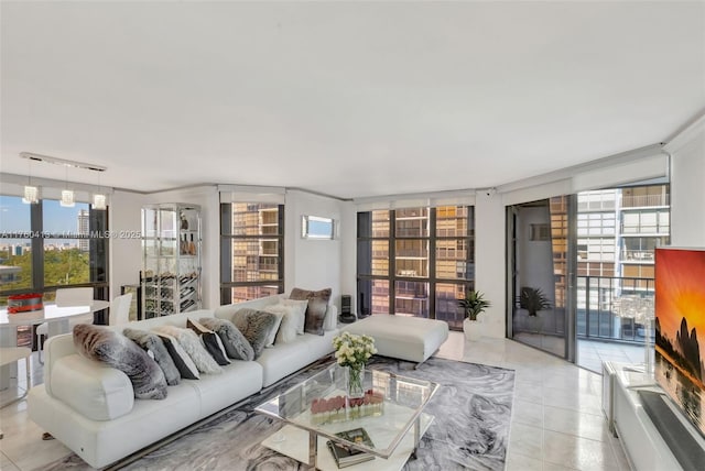 living room with light tile patterned floors and a wealth of natural light