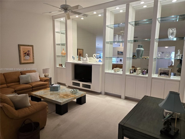 living room featuring recessed lighting, light colored carpet, and ceiling fan