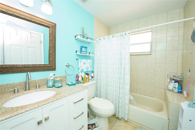 full bath with visible vents, toilet, shower / tub combo with curtain, tile patterned flooring, and vanity