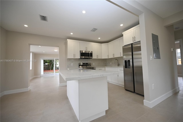 kitchen with visible vents, electric panel, a kitchen island, appliances with stainless steel finishes, and decorative backsplash