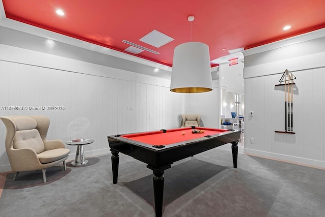 game room featuring billiards, recessed lighting, and carpet floors