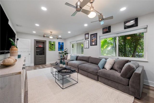 8234 SW 60th Ct, South Miami, FL 33143 - living area with ceiling fan, wood finished floors, and recessed lighting