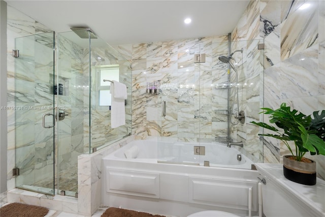 8234 SW 60th Ct, South Miami, FL 33143 - bathroom with a tub to relax in, a marble finish shower, and tile walls