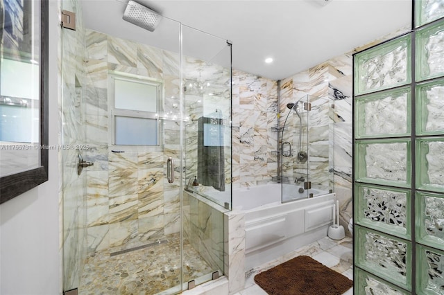 bathroom featuring bath / shower combo with glass door and marble finish floor