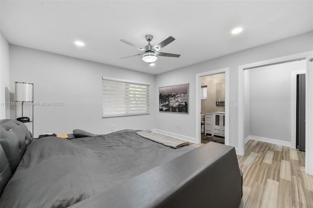 bedroom with recessed lighting, baseboards, and light wood-type flooring