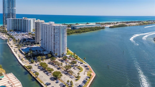 drone / aerial view with a city view and a water view