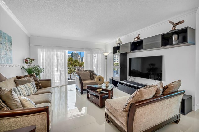 living area featuring ornamental molding, a textured ceiling, and tile patterned flooring