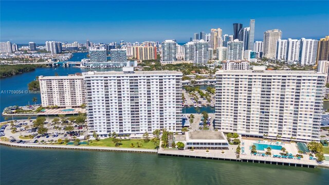 drone / aerial view of a view of skyline and a large body of water
