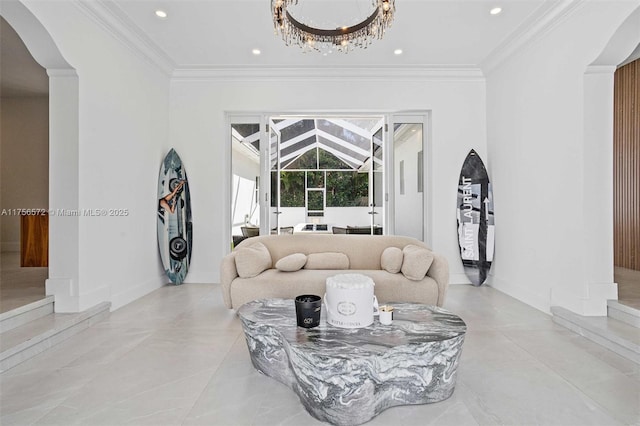 living room featuring recessed lighting, baseboards, and crown molding