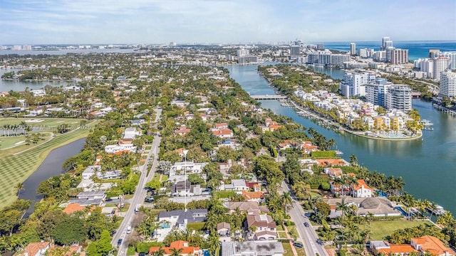 drone / aerial view featuring a city view and a water view