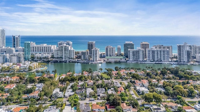 birds eye view of property with a city view and a water view