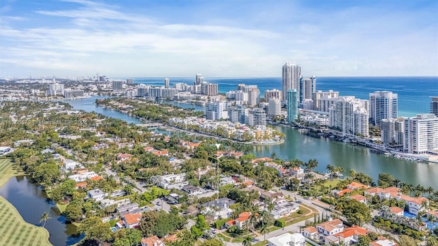 birds eye view of property featuring a water view and a view of city