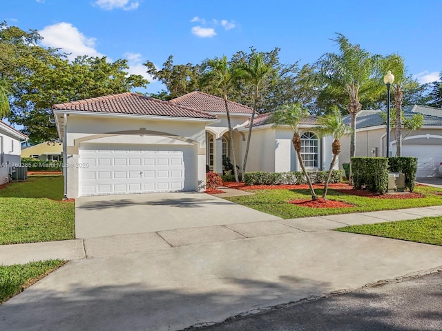 mediterranean / spanish-style house featuring a tiled roof, central AC, stucco siding, a garage, and driveway