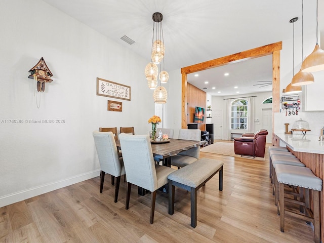 dining space featuring visible vents, recessed lighting, baseboards, and light wood-type flooring