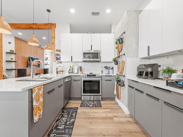 kitchen with visible vents, a peninsula, a sink, gray cabinetry, and appliances with stainless steel finishes